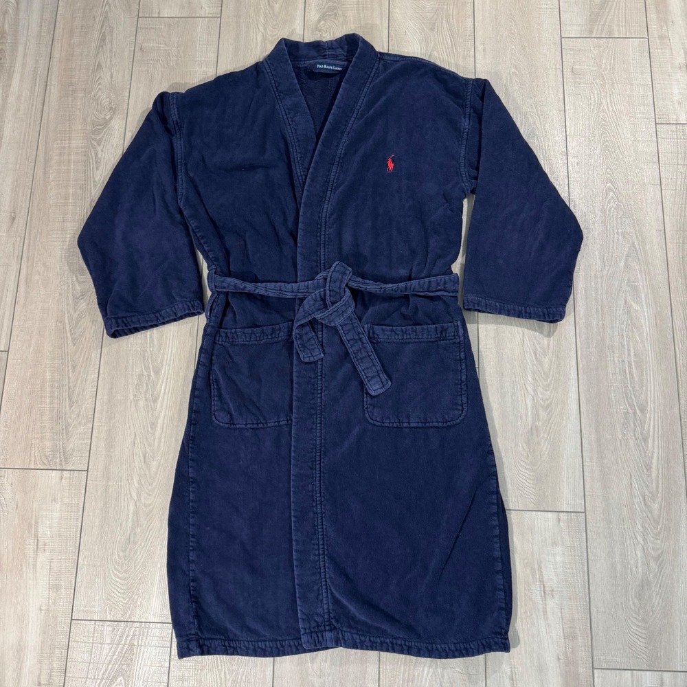 Polo Ralph Lauren Robe Mens S/M Navy Blue Cotton Terry Cloth Pony Logo